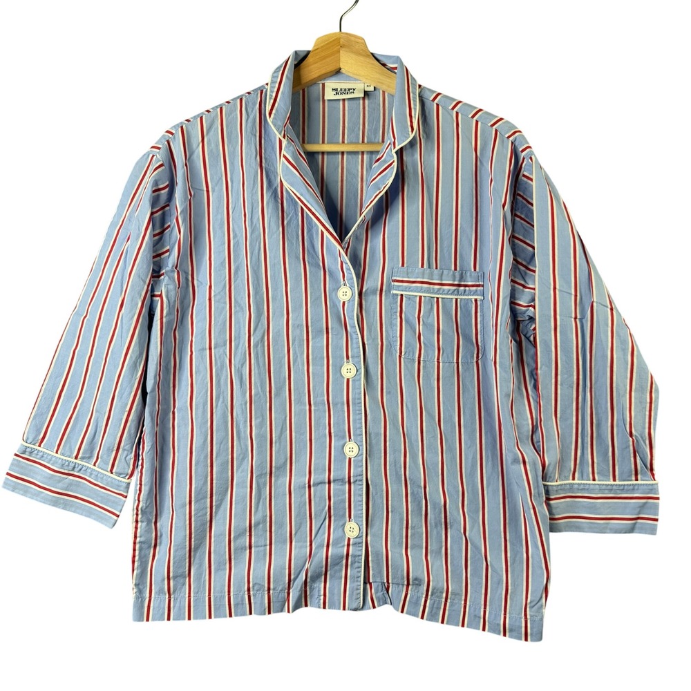 Sleepy‎ Jones Pajama Top XS Blue Red White Striped Cotton 3/4 Sleeve Button Down